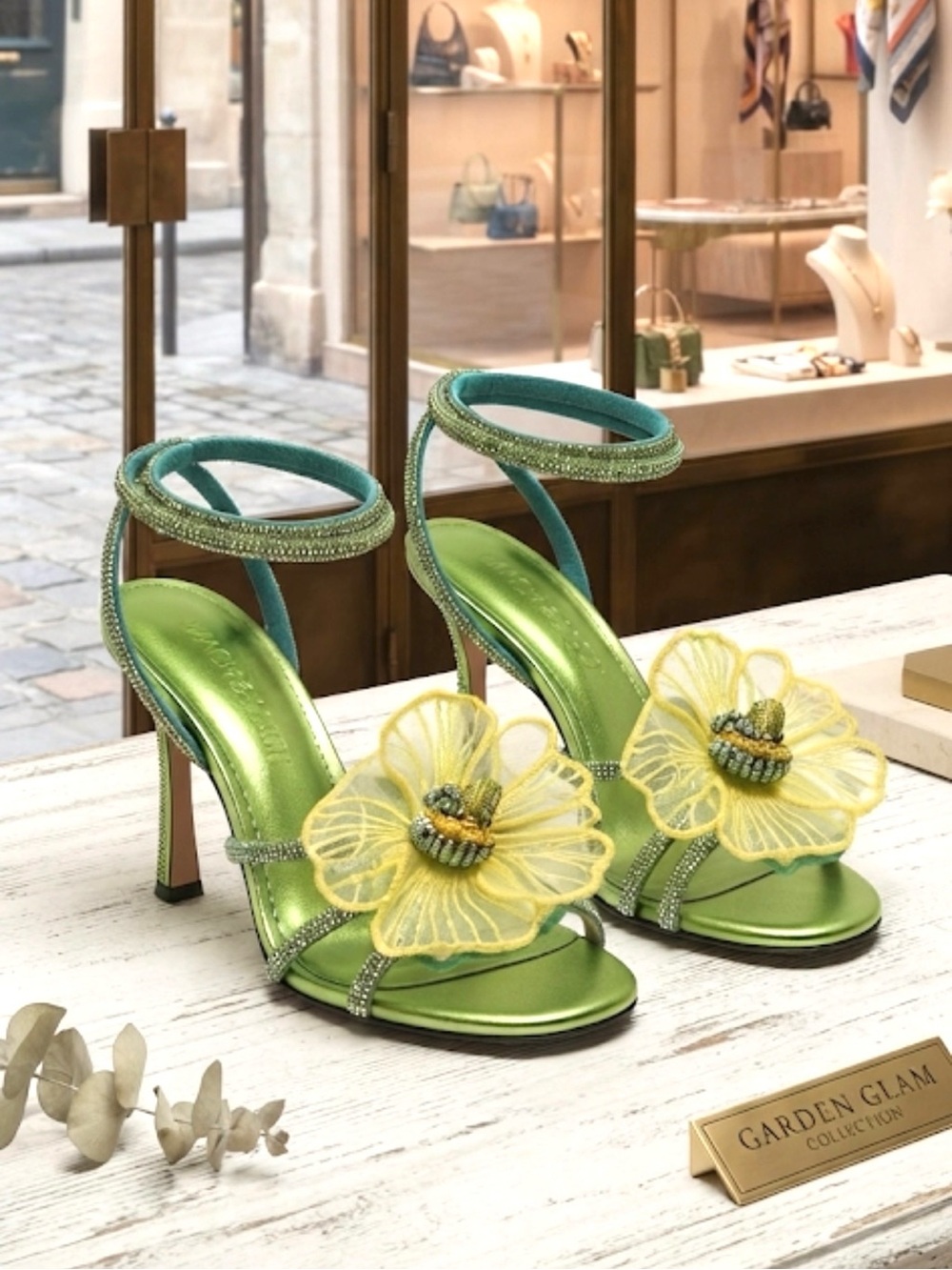 Women’s Green Floral High-Heel Sandals with Crystal Accents